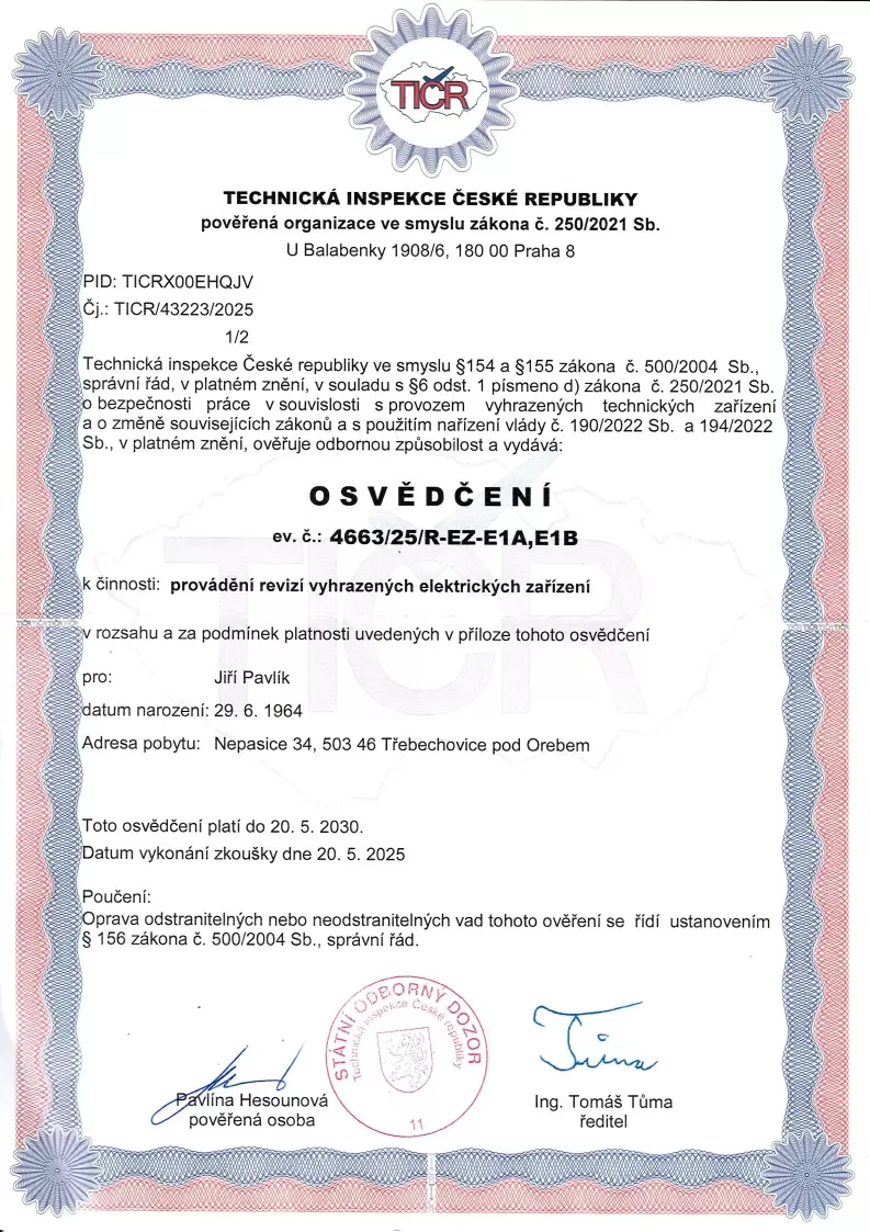 osvědčení TICR JPAVLIK