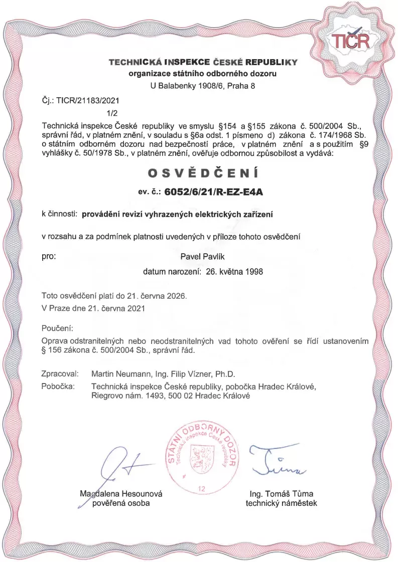 osvědčení TICR PPAVLIK