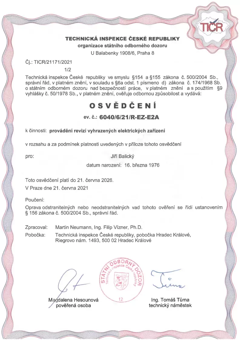 osvědčení TICR BALICKY