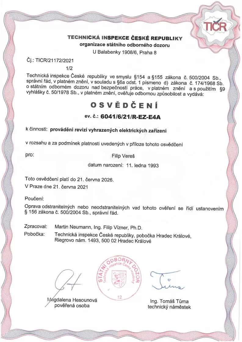 osvědčení TICR NECAS